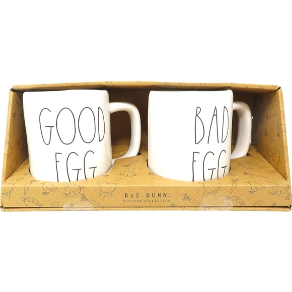 🆕2 RAE DUNN🐰MUGS. Handmade for Artesian Collection  Good/Bad Eggs - Picture 1 of 10
